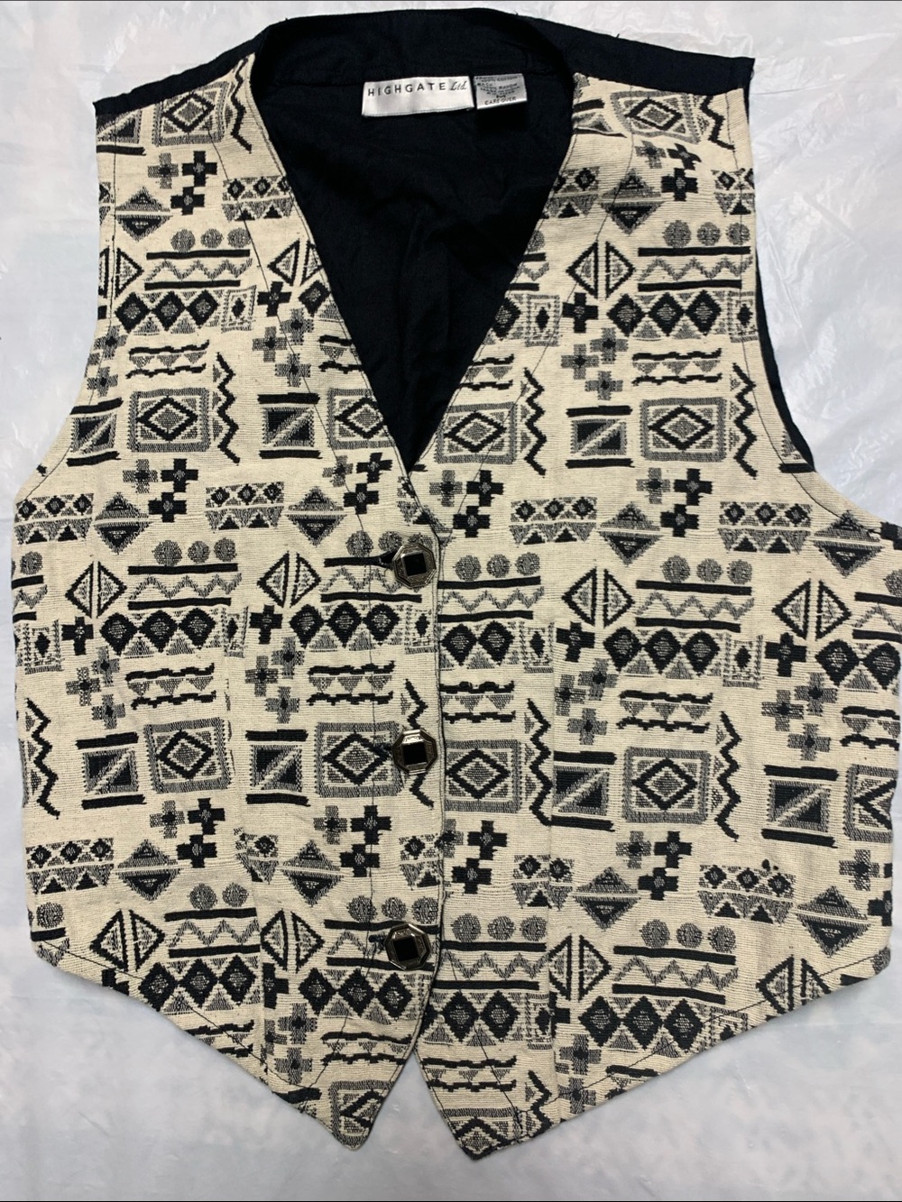 Vintage Black White Aztec Print Southwestern Vest 100% Cotton Size Medium